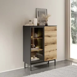 Garnero Arredamenti Vetrina bassa 100x126h cm 3 ante con led nero opaco rovere Amel Best