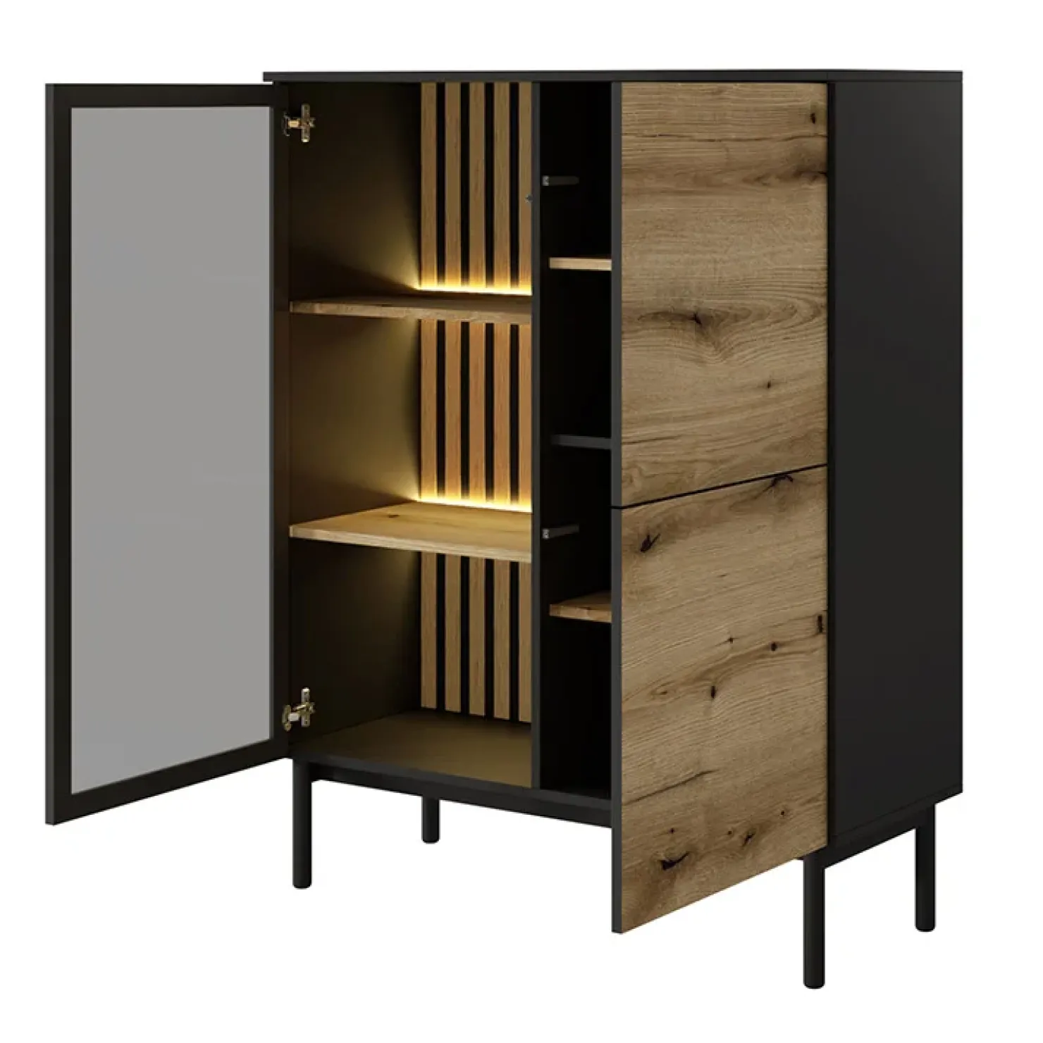 Garnero Arredamenti Vetrina bassa 100x126h cm 3 ante con led nero opaco rovere Amel Best