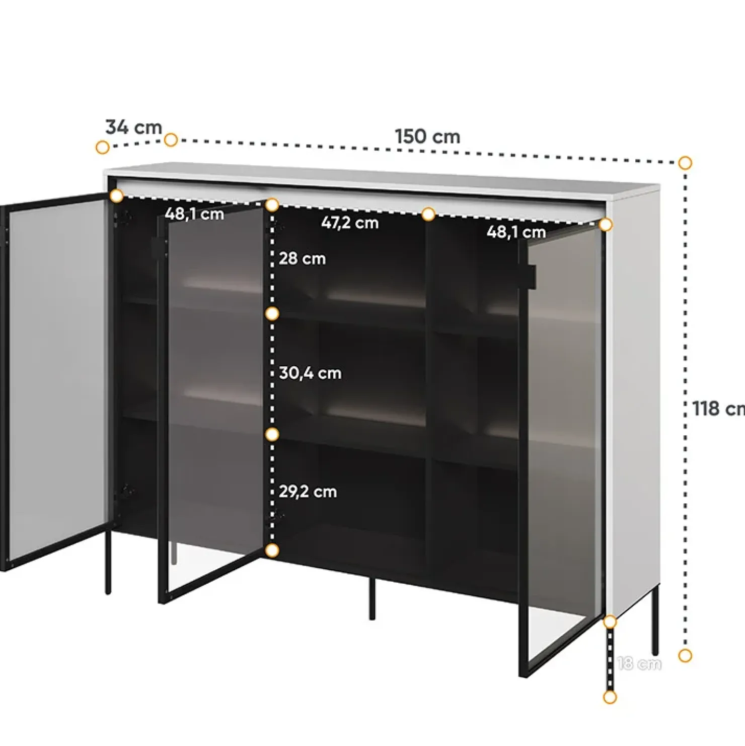 Garnero Arredamenti Vetrina bassa 150x118h cm 3 ante led nero Camelia Bianco Opaco Discount