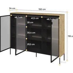 Garnero Arredamenti Vetrina bassa 150x118h cm 3 ante led nero Camelia Rovere Rustico New