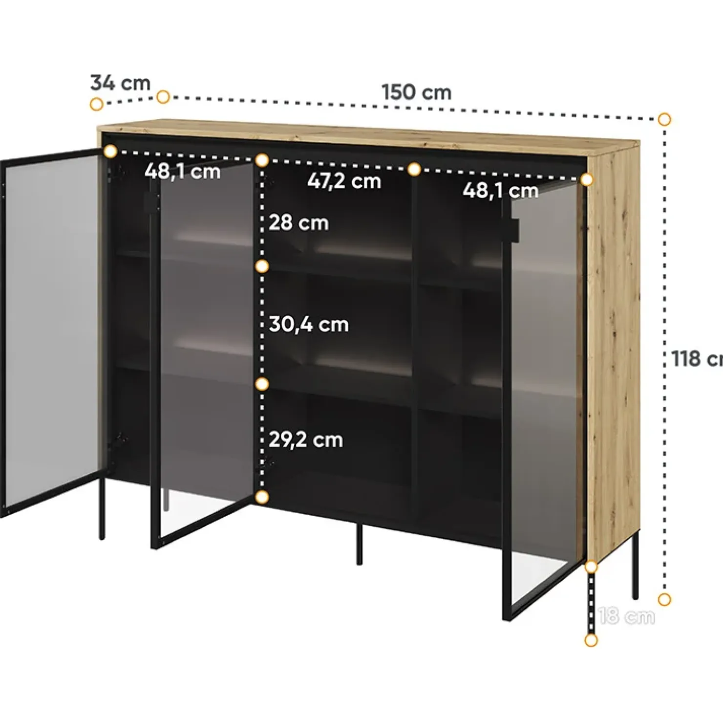 Garnero Arredamenti Vetrina bassa 150x118h cm 3 ante led nero Camelia Rovere Rustico New