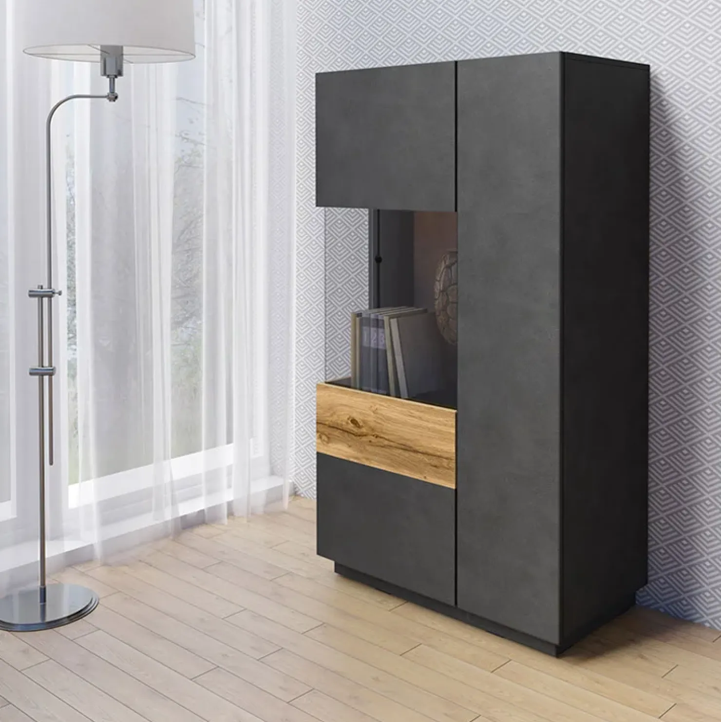 Garnero Arredamenti Vetrina bassa 80x139h cm 2 ante sinistra antracite rovere Bahama Antracite - Rovere Rustico Best