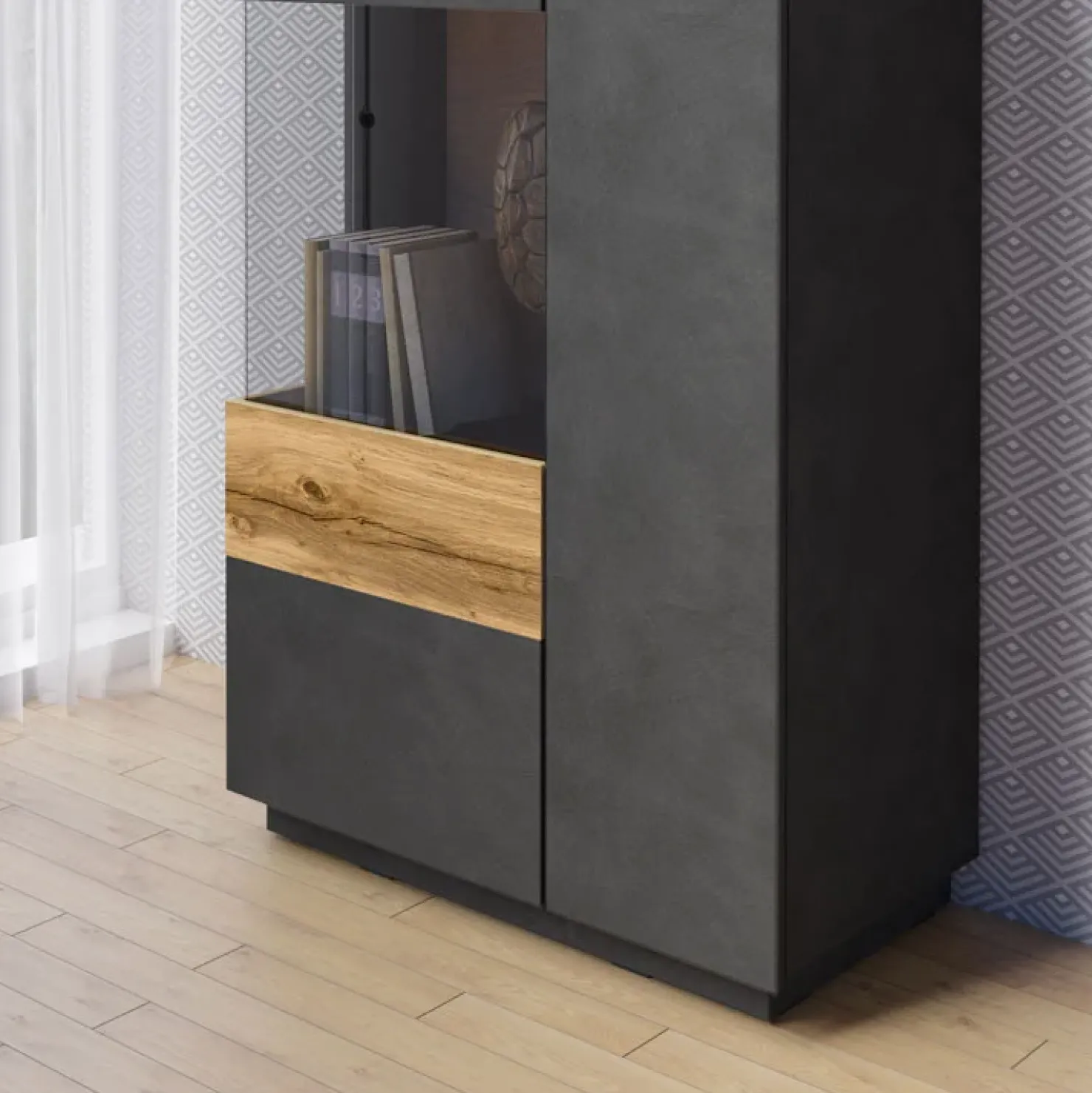 Garnero Arredamenti Vetrina bassa 80x139h cm 2 ante sinistra antracite rovere Bahama Antracite - Rovere Rustico Best