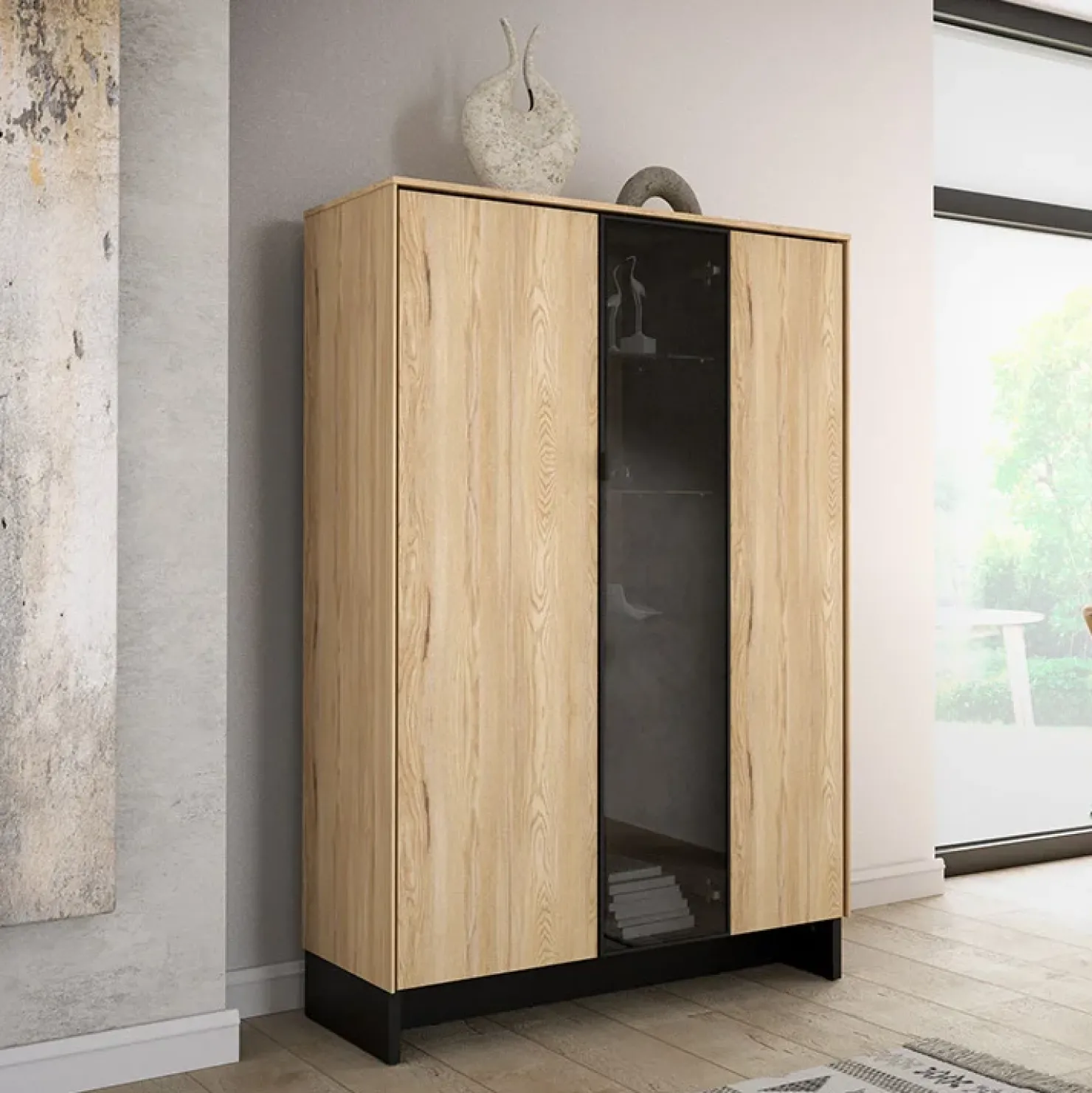 Garnero Arredamenti Vetrina bassa 102x152h cm 2 ante 2 cassetti interni rovere nero Alabaster