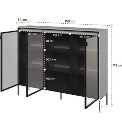 Garnero Arredamenti Vetrina bassa 150x118h cm 3 ante led nero Camelia Grigio Outlet