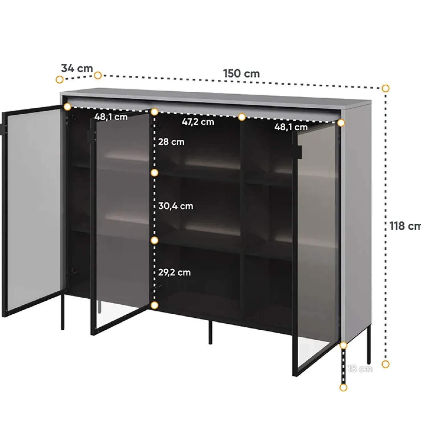 Garnero Arredamenti Vetrina bassa 150x118h cm 3 ante led nero Camelia Grigio Outlet