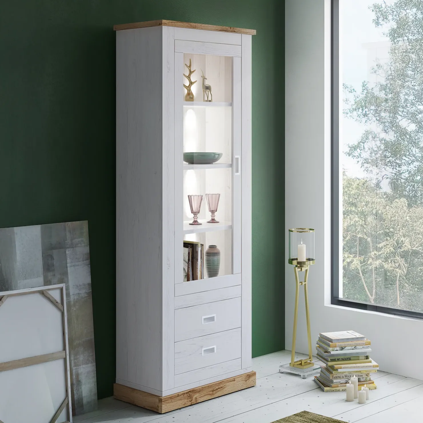 Garnero Arredamenti Vetrina 73x204h cm 1 anta 2 cassetti soggiorno bianco frassinato rovere Islen Bianco Opaco - Rovere Hot