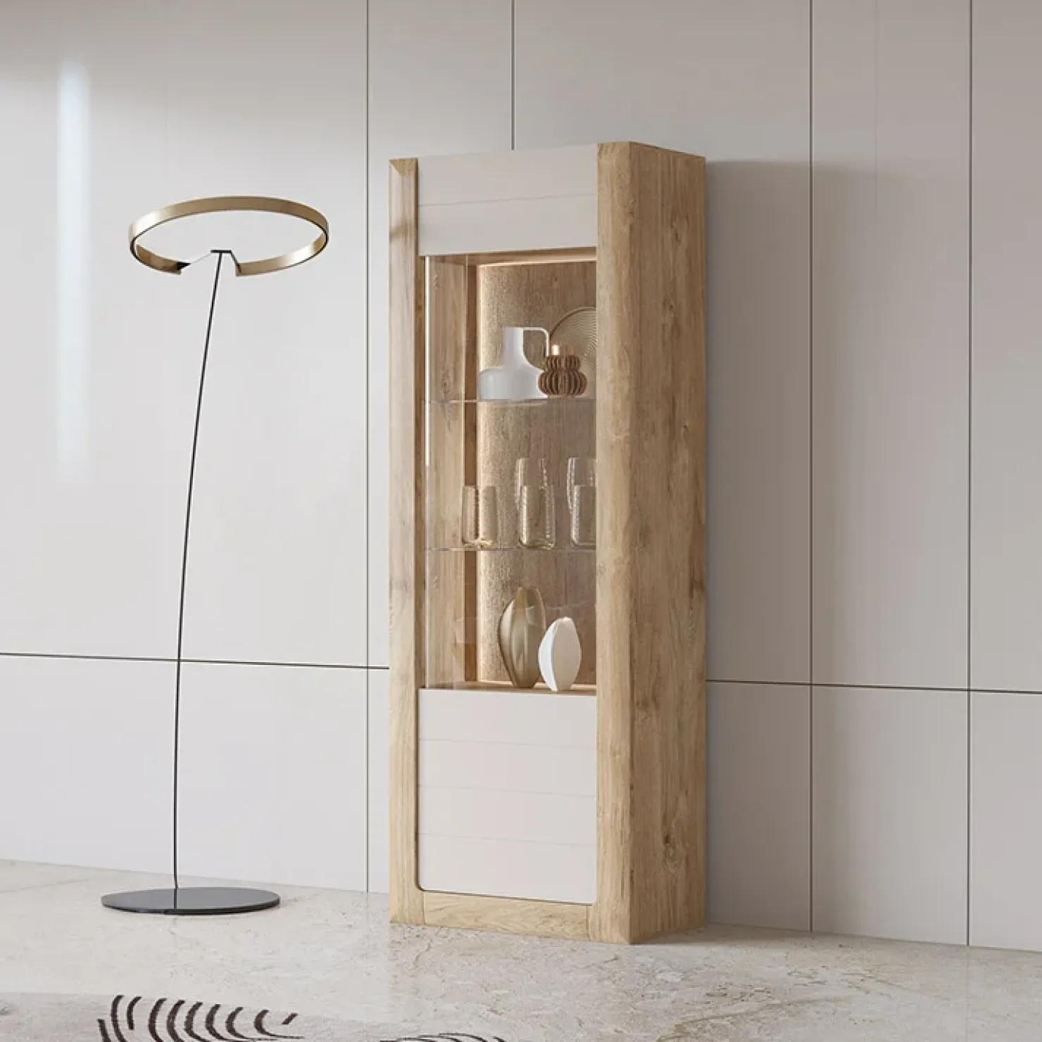 Garnero Arredamenti Vetrina 73x200h cm 1 anta 5 ripiani rovere tortora lucido Jumbo Tortora - Rovere Discount