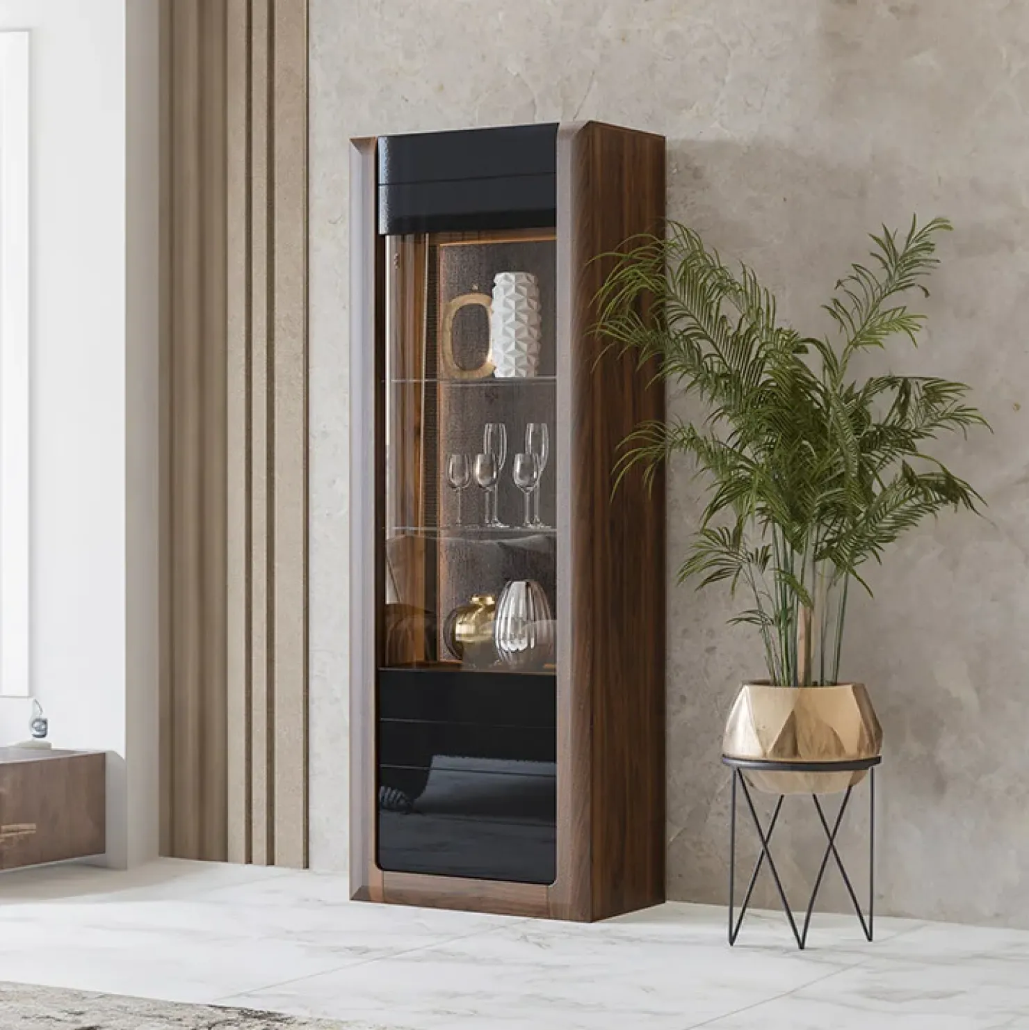 Garnero Arredamenti Vetrina 73x200h cm 1 anta 5 ripiani noce nero lucido Jumbo Nero Lucido - Noce Online