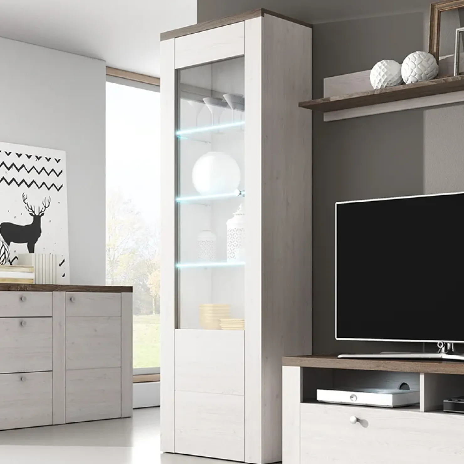 Garnero Arredamenti Vetrina 65x206h cm 1 anta moderna bianco frassinato rovere Paloma 2 Bianco Frassinato - Noce Discount