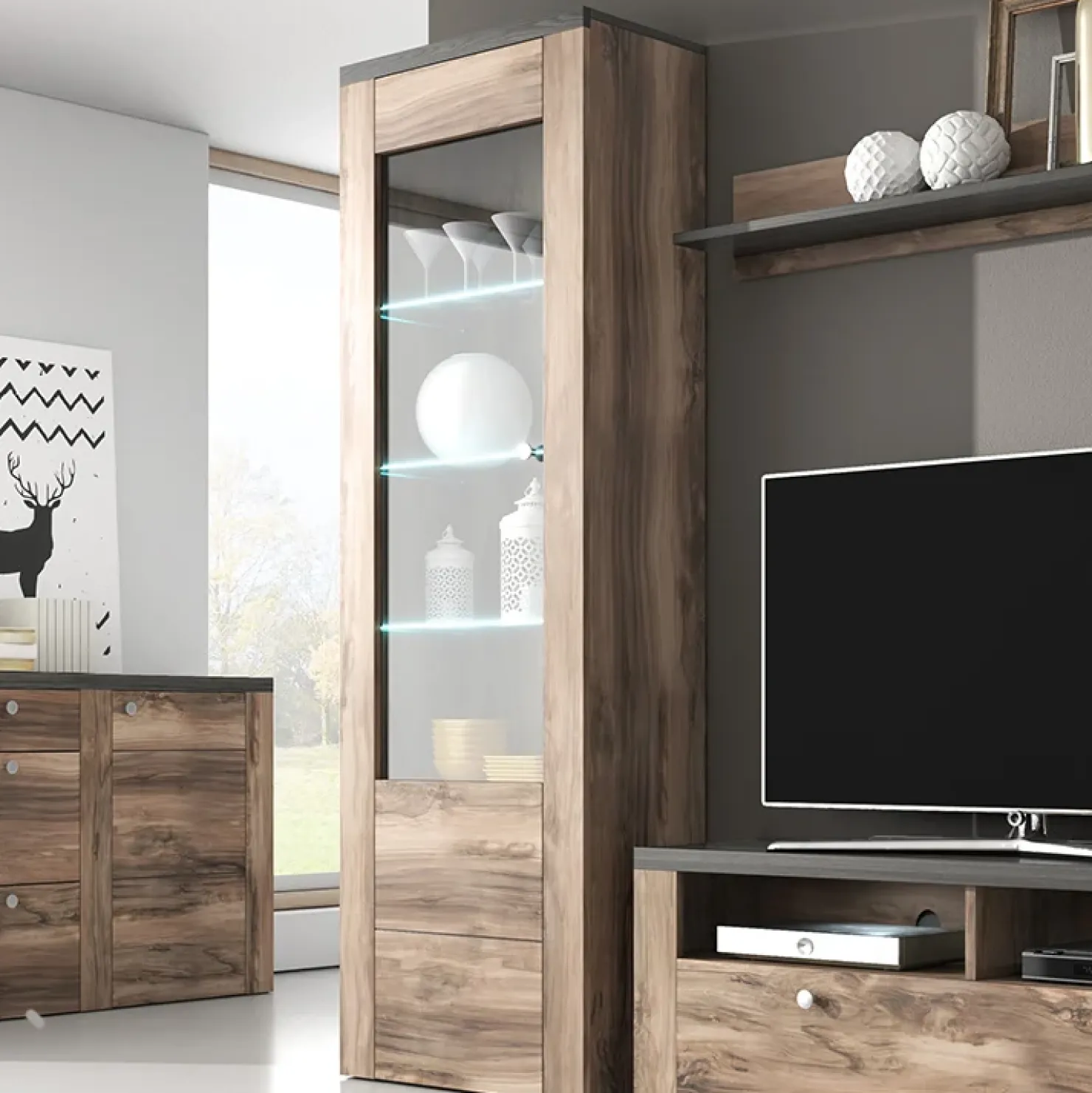 Garnero Arredamenti Vetrina 65x206h cm 1 anta moderna noce rovere grigio Paloma 2 Noce - Grigio Discount