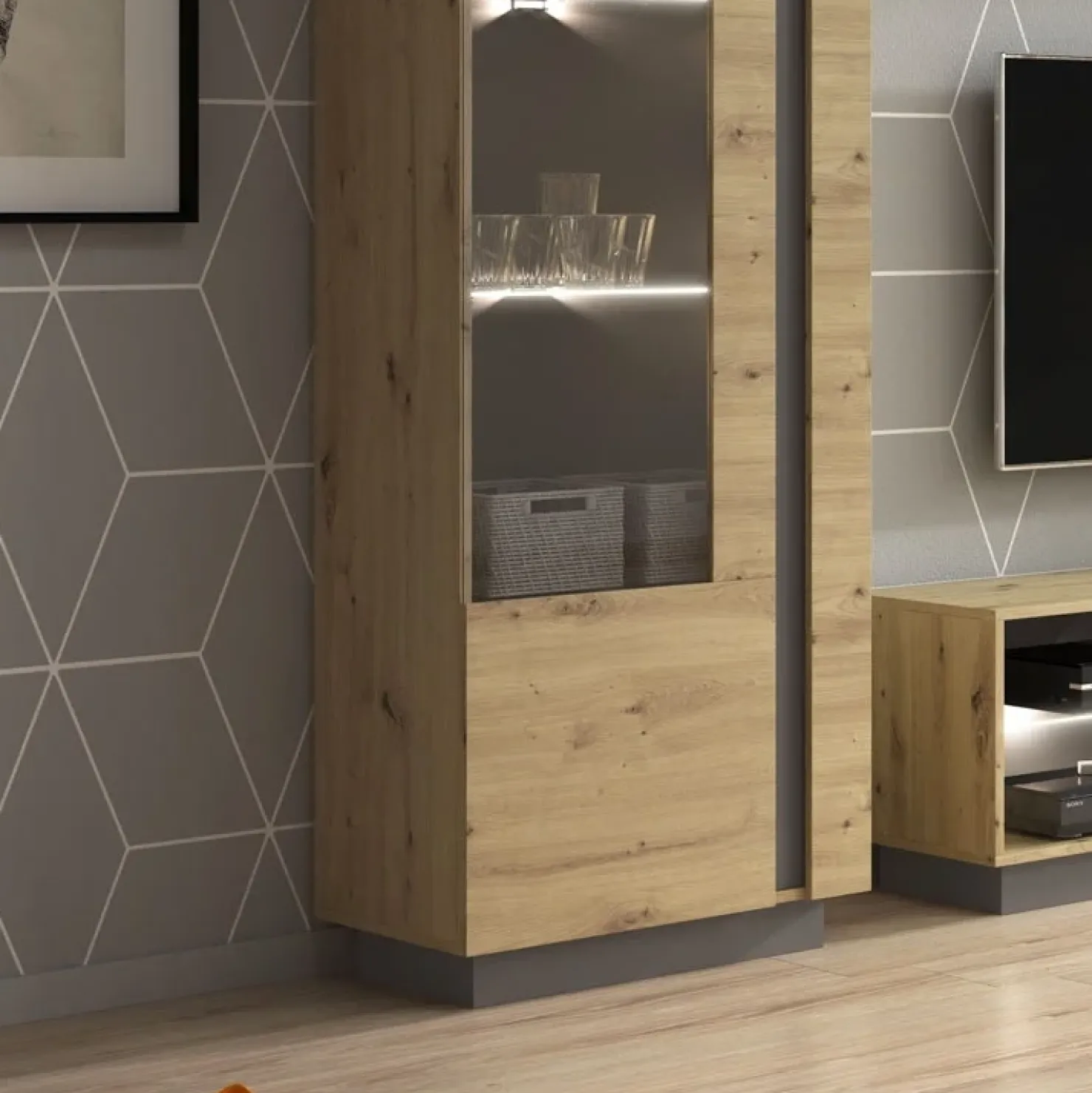 Garnero Arredamenti Vetrina 60x194h cm 1 anta soggiorno rovere antracite Noa Gihome® Rovere - Antracite Clearance