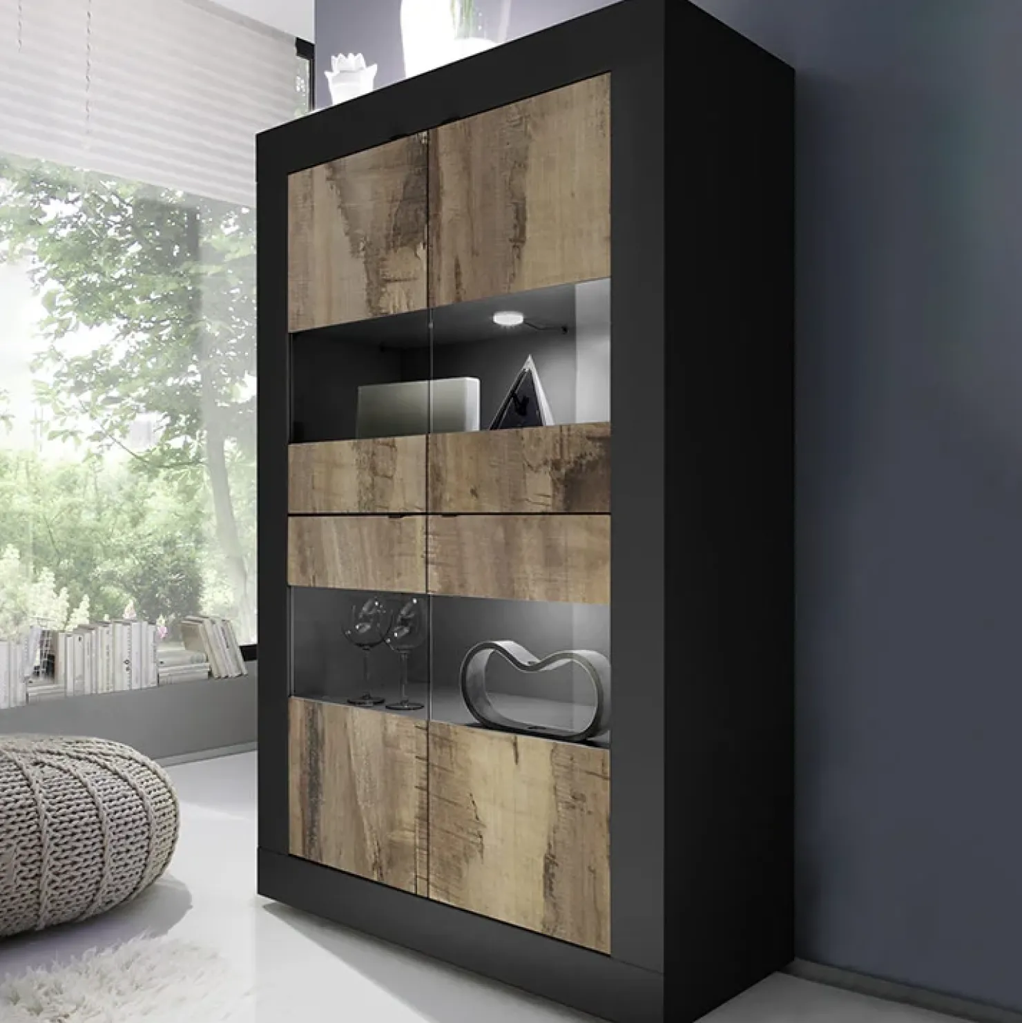 Garnero Arredamenti Vetrina 102x162h cm 4 ante moderna nero pero Eternity Nero Opaco - Rovere Outlet