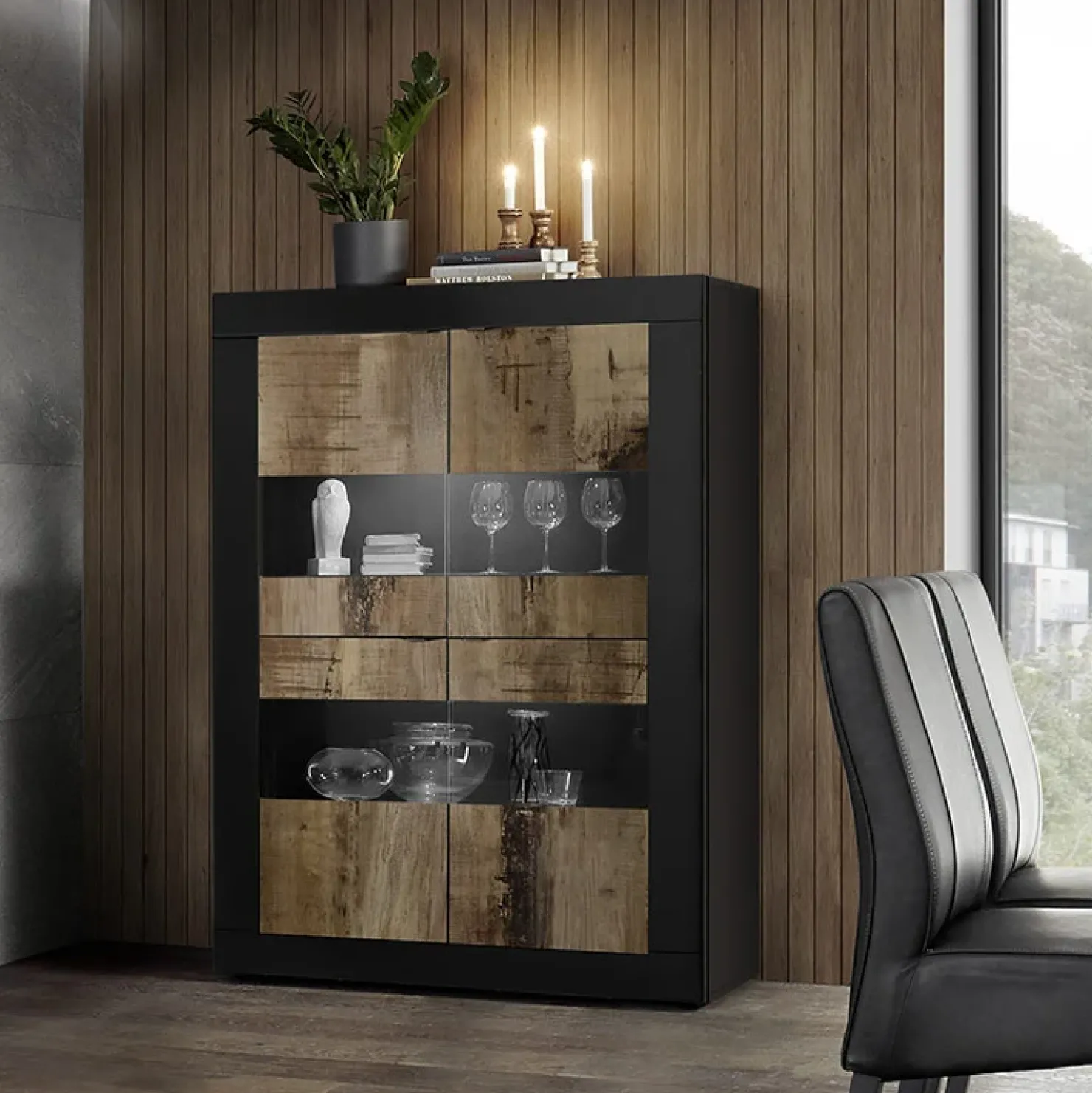 Garnero Arredamenti Vetrina 102x162h cm 4 ante moderna nero pero Eternity Nero Opaco - Rovere Outlet