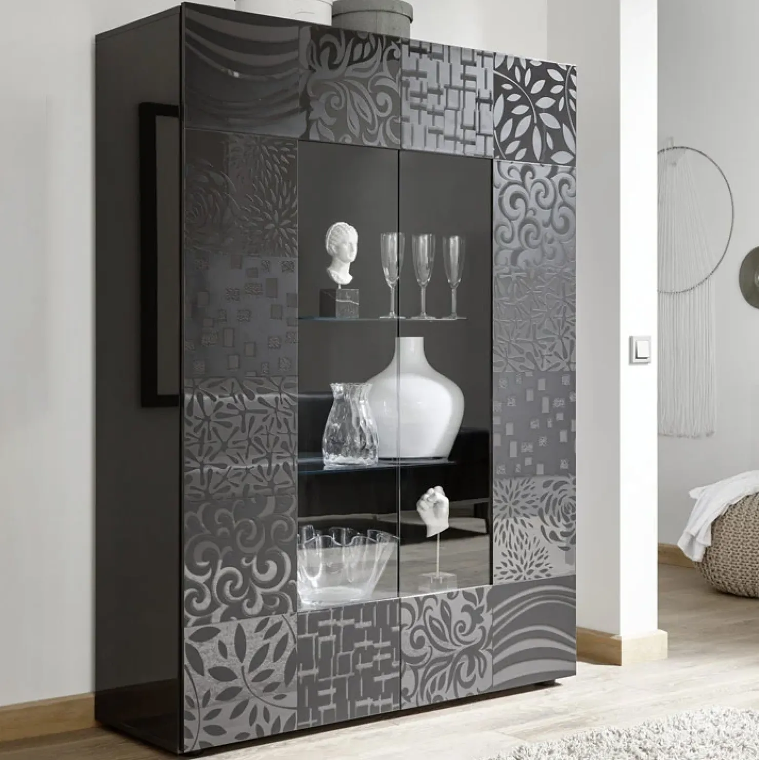 Garnero Arredamenti Vetrina 121x166h cm 2 ante moderna grigio scuro con serigrafia Paradise Antracite Hot