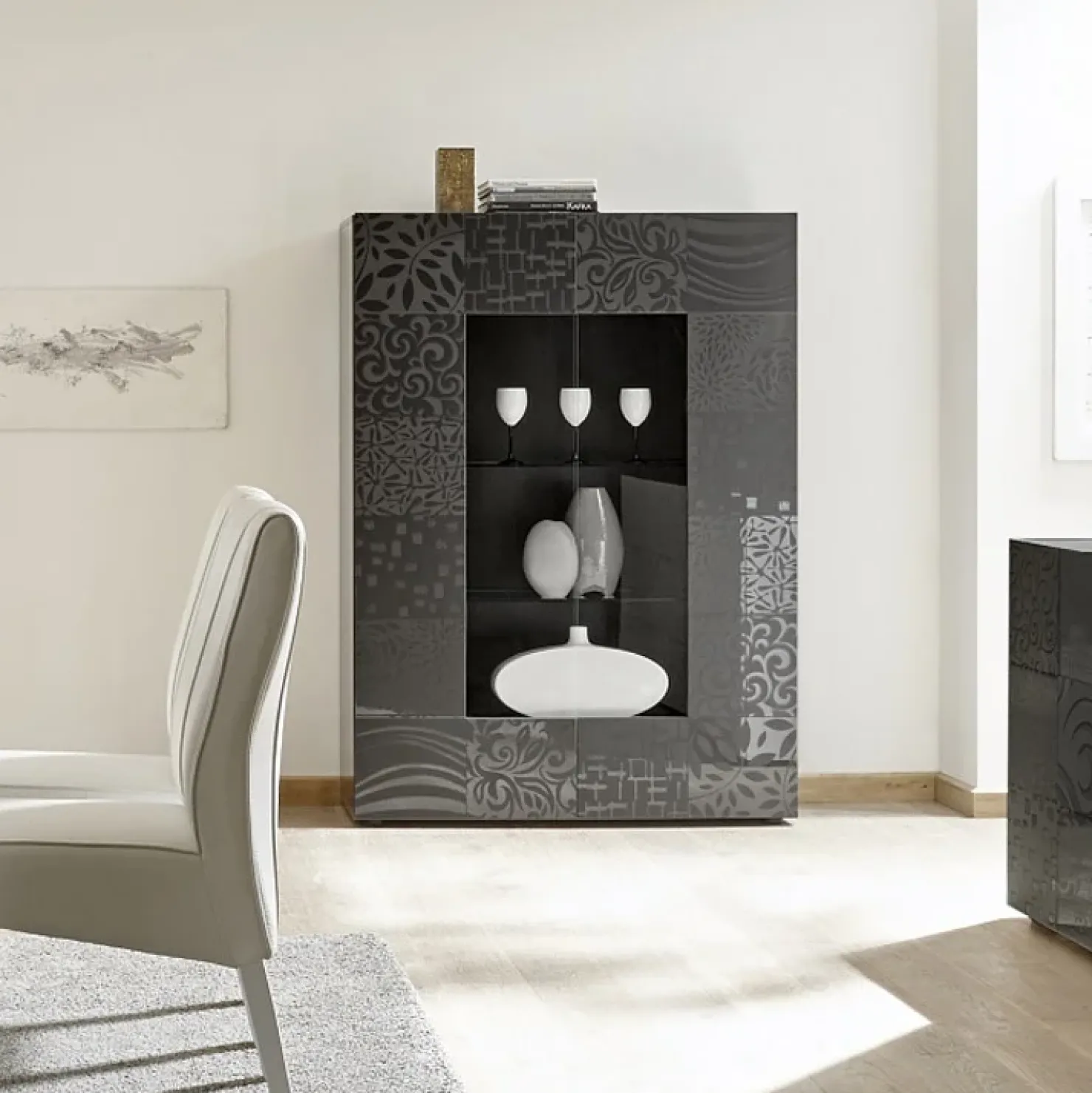 Garnero Arredamenti Vetrina 121x166h cm 2 ante moderna grigio scuro con serigrafia Paradise Antracite Hot