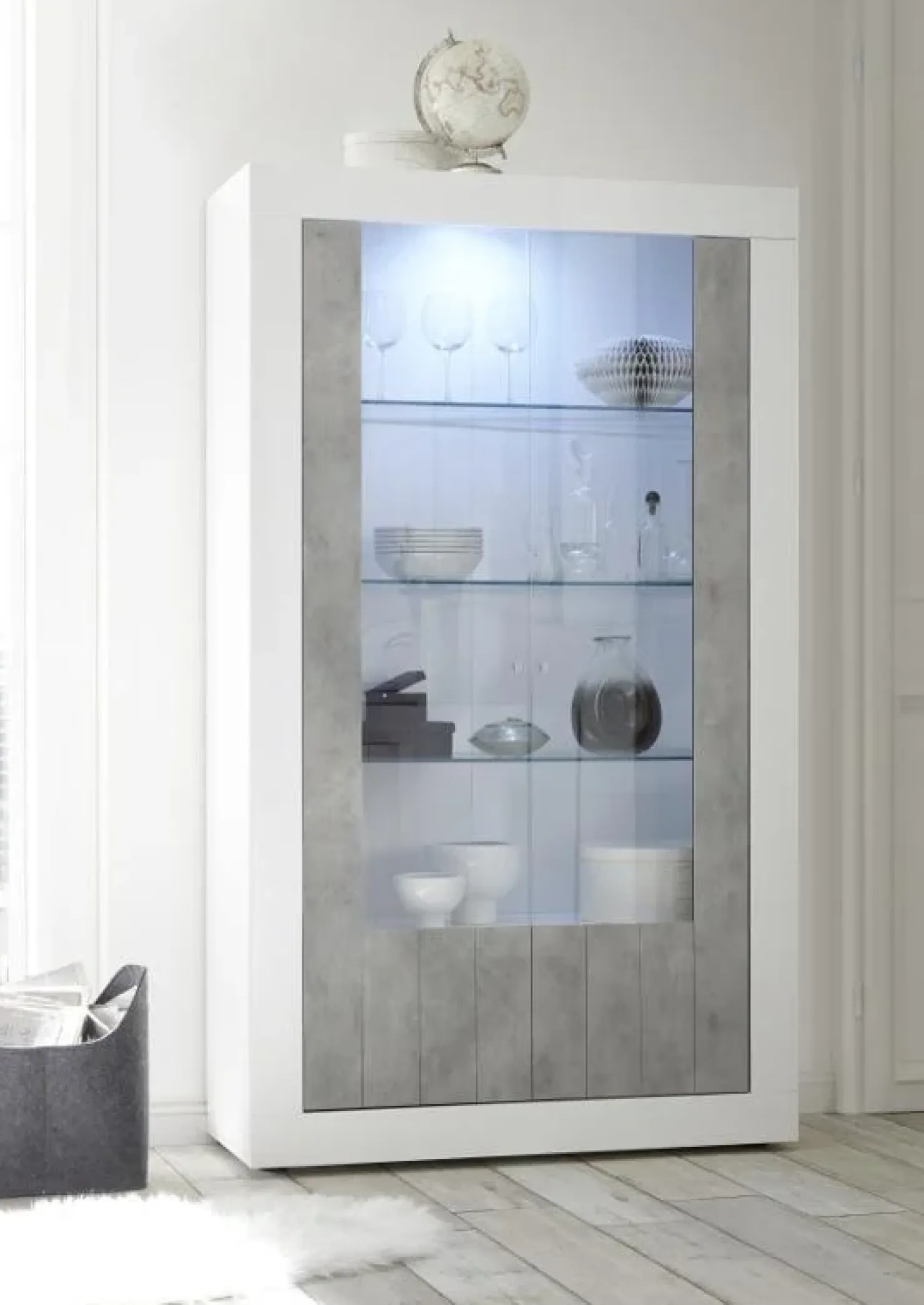 Garnero Arredamenti Vetrina 110x190h cm 2 ante moderno bianco lucido cemento Florena Cemento - Bianco Lucido