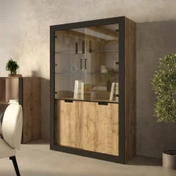 Garnero Arredamenti Vetrina 120x187h cm 4 ante rovere rustico nero Ilyssa New