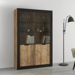 Garnero Arredamenti Vetrina 120x187h cm 4 ante rovere rustico nero Ilyssa New