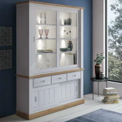 Garnero Arredamenti Vetrina 150x204h cm 4 ante scorrevoli 3 cassetti soggiorno bianco frassinatorovere Islen Bianco Opaco - Rovere New