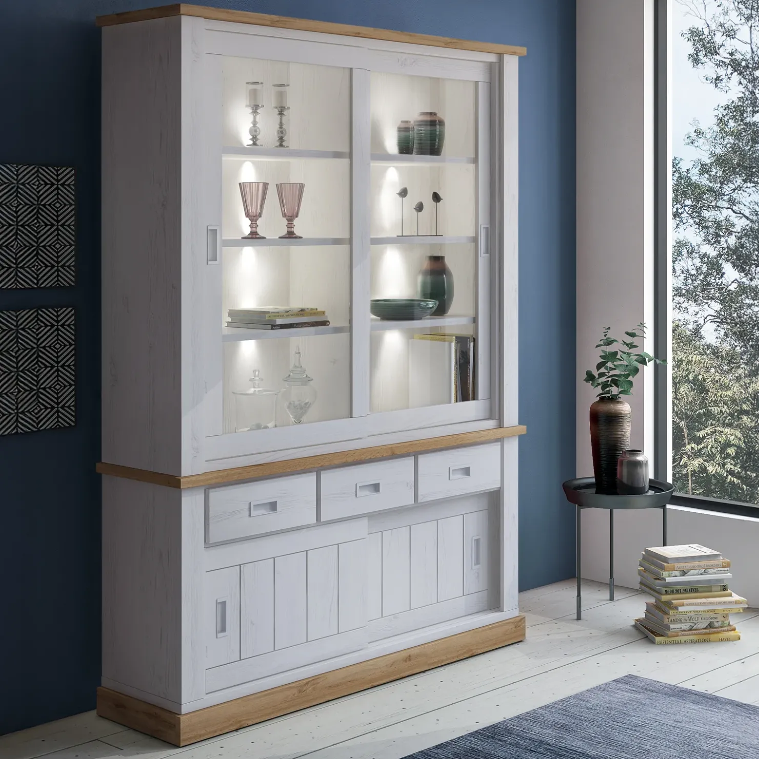 Garnero Arredamenti Vetrina 150x204h cm 4 ante scorrevoli 3 cassetti soggiorno bianco frassinatorovere Islen Bianco Opaco - Rovere New