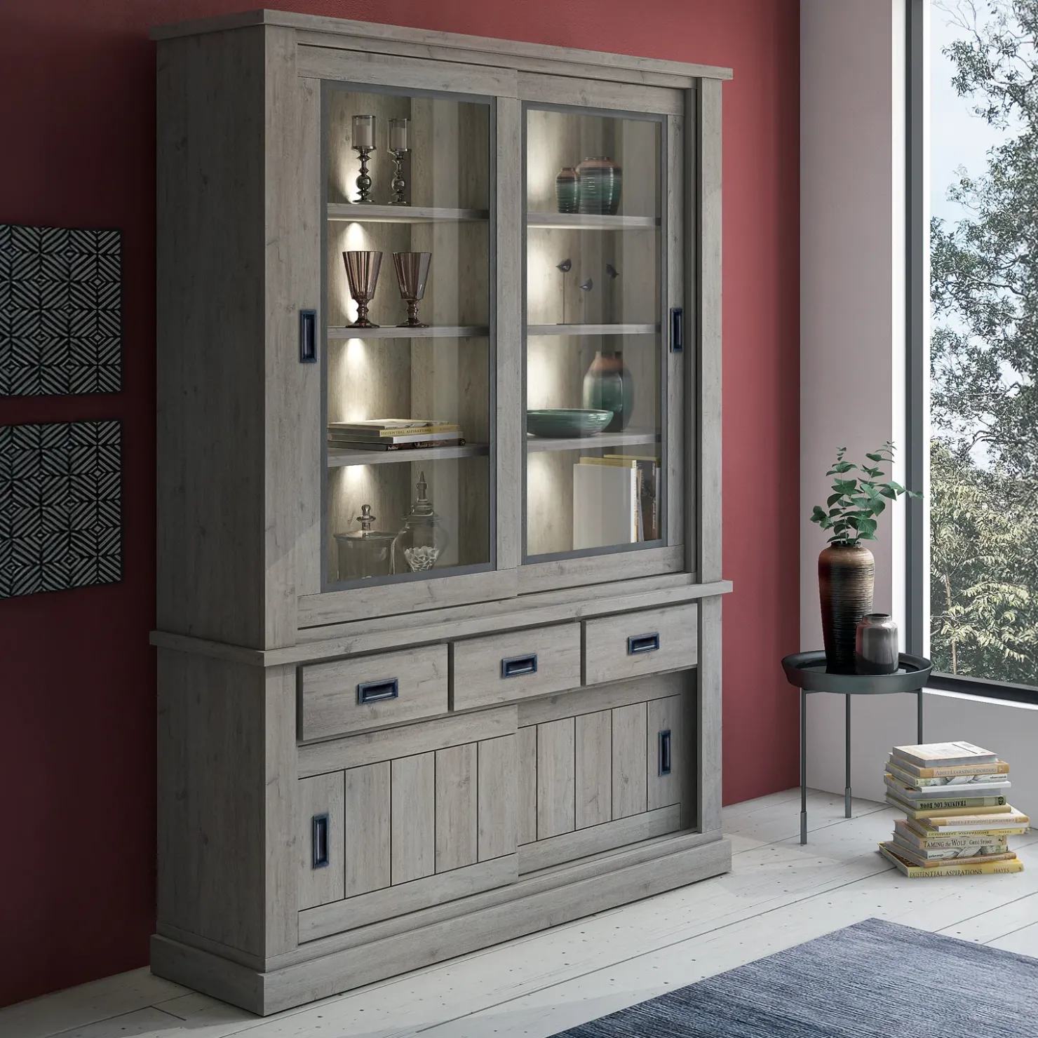 Garnero Arredamenti Vetrina 150x204h cm 4 ante scorrevoli 3 cassetti soggiorno nero Islen Rovere Grigio Sale