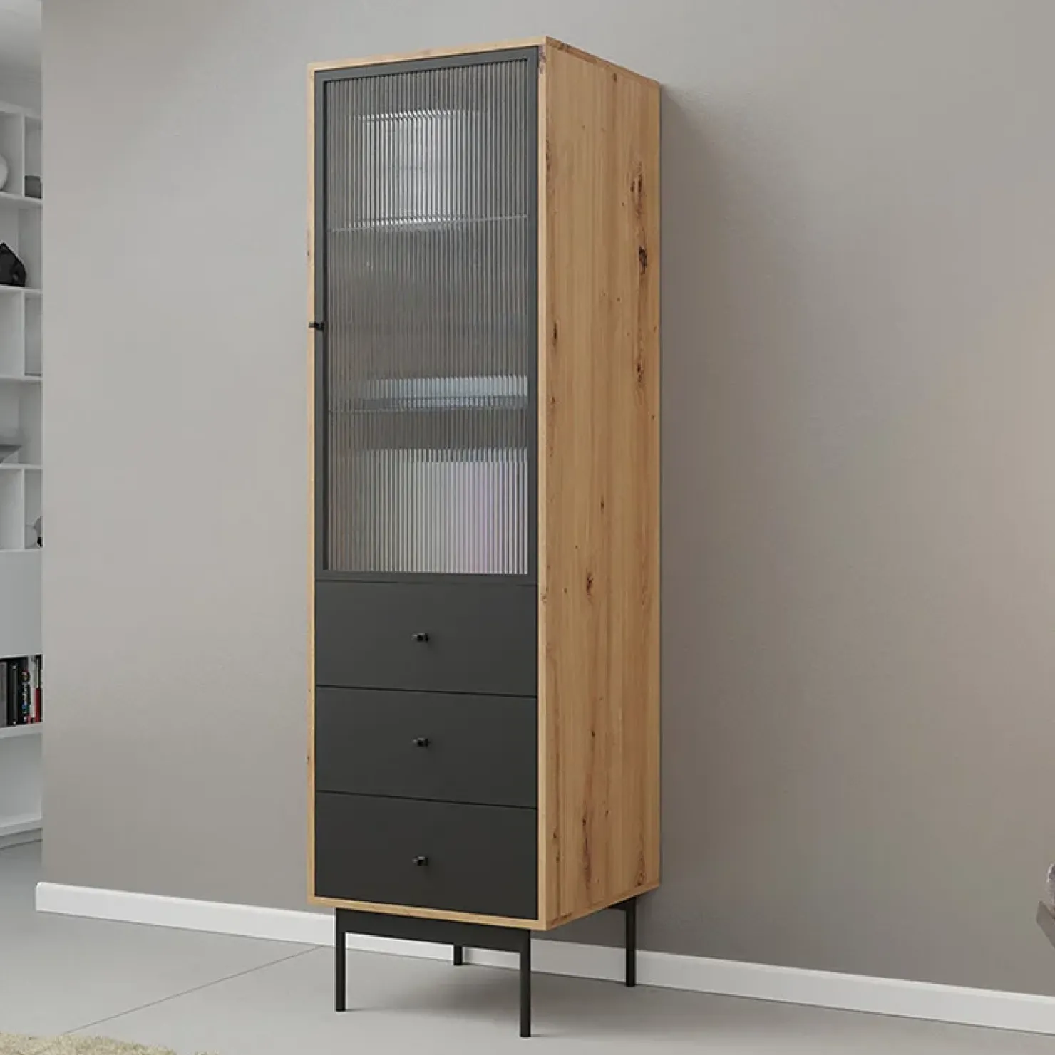 Garnero Arredamenti Vetrinetta 52x180h cm 1 anta 3 cassetti con led soggiorno rovere nero Herning Outlet