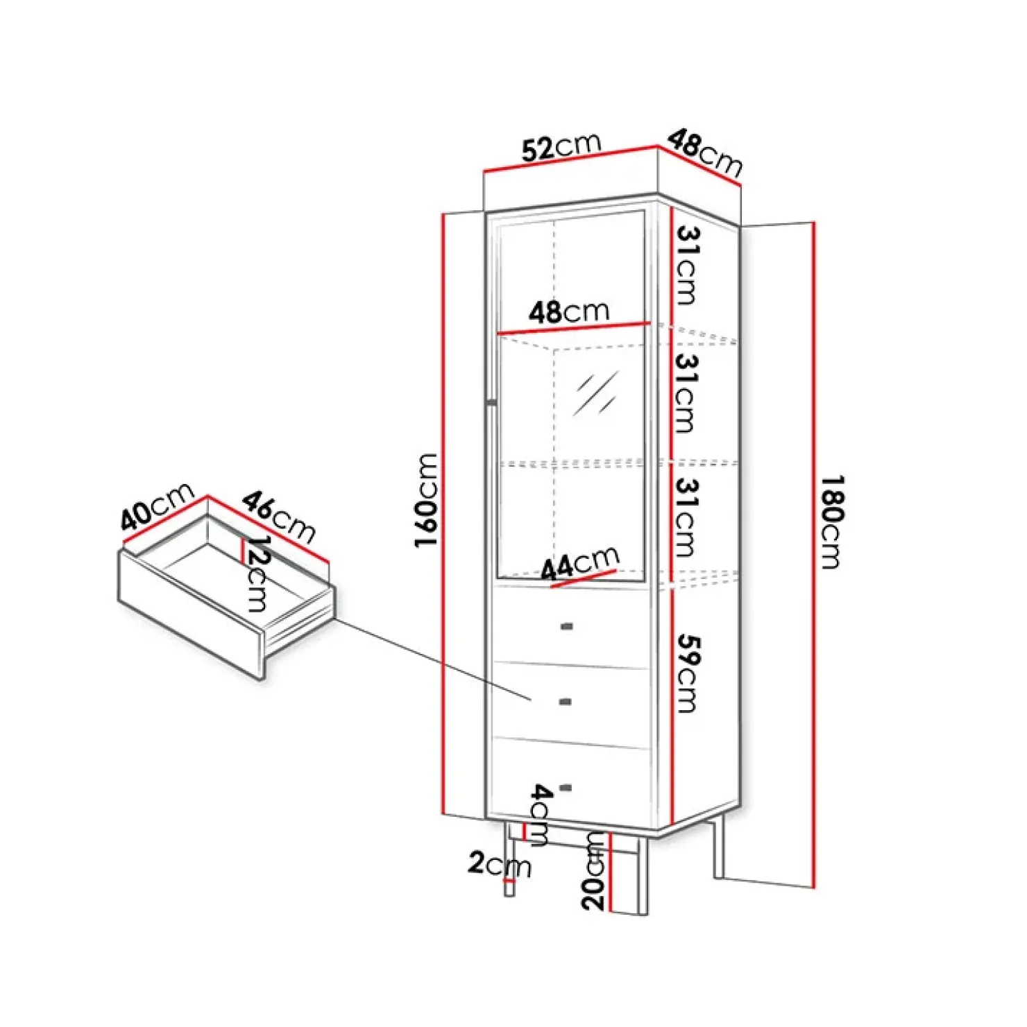 Garnero Arredamenti Vetrinetta 52x180h cm 1 anta 3 cassetti con led soggiorno rovere nero Herning Outlet