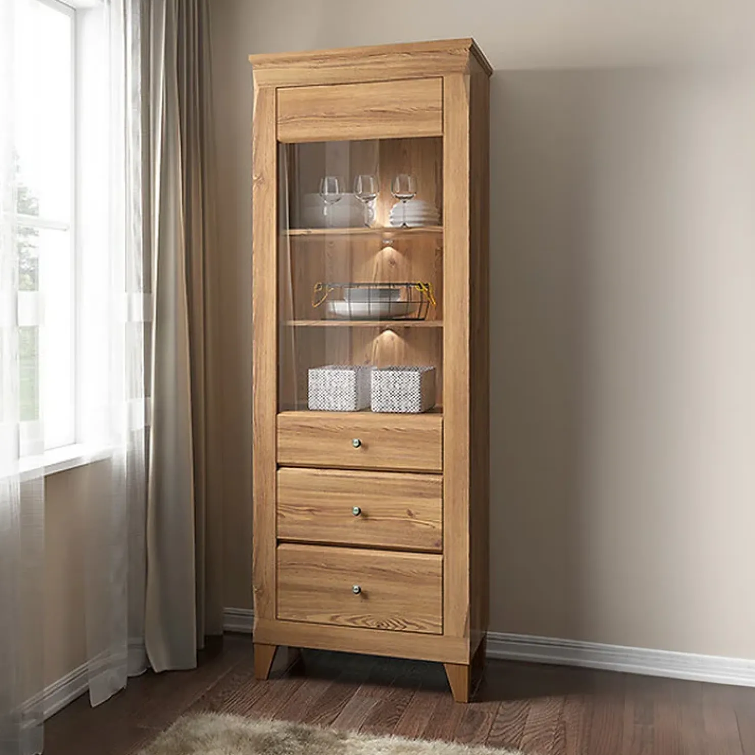 Garnero Arredamenti Vetrinetta 72x202h cm 1 anta 3 cassetti rovere scuro Lucca New