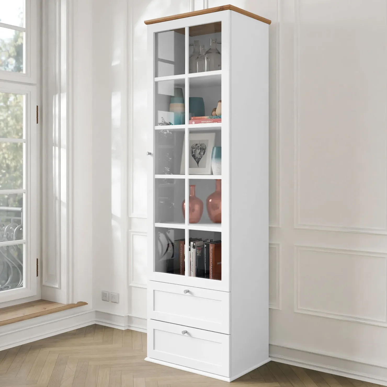 Garnero Arredamenti Vetrinetta 62x201h cm 1 anta 2 cassetti bianco rovere Relaxio Discount