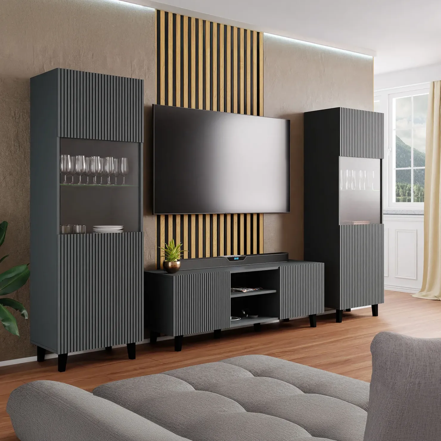 Garnero Arredamenti Vetrinetta 60x183h cm 1 anta moderna cannettato Essence Antracite Online