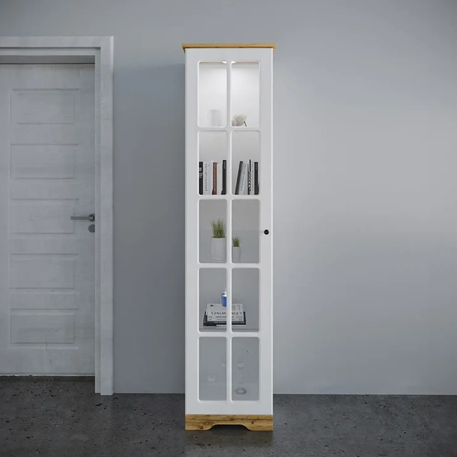 Garnero Arredamenti Vetrinetta 48x199h cm 1 anta shabby bianco lucido rovere Loira Discount