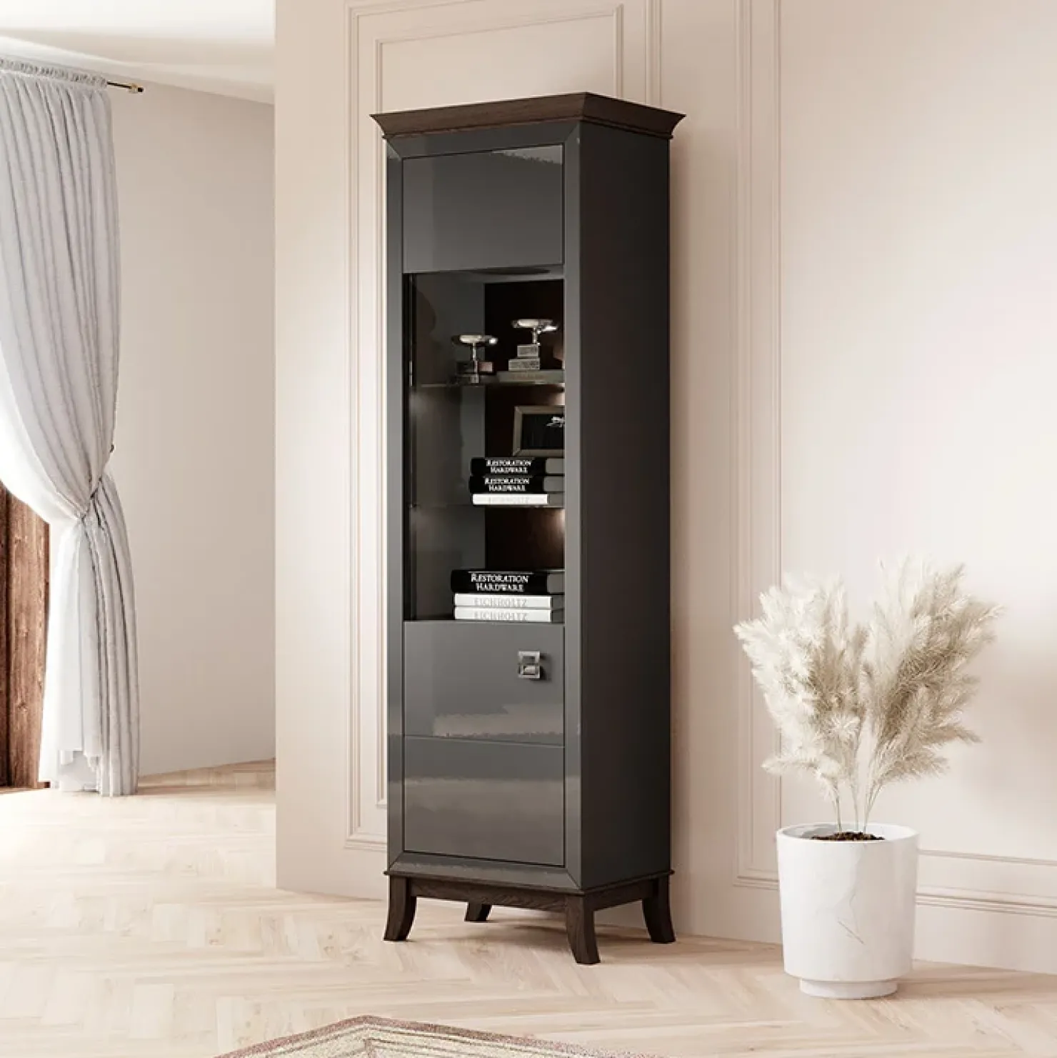 Garnero Arredamenti Vetrinetta 66x207h cm 1 anta soggiorno antracite lucido rovere scuro Umag Antracite - Wengè Online