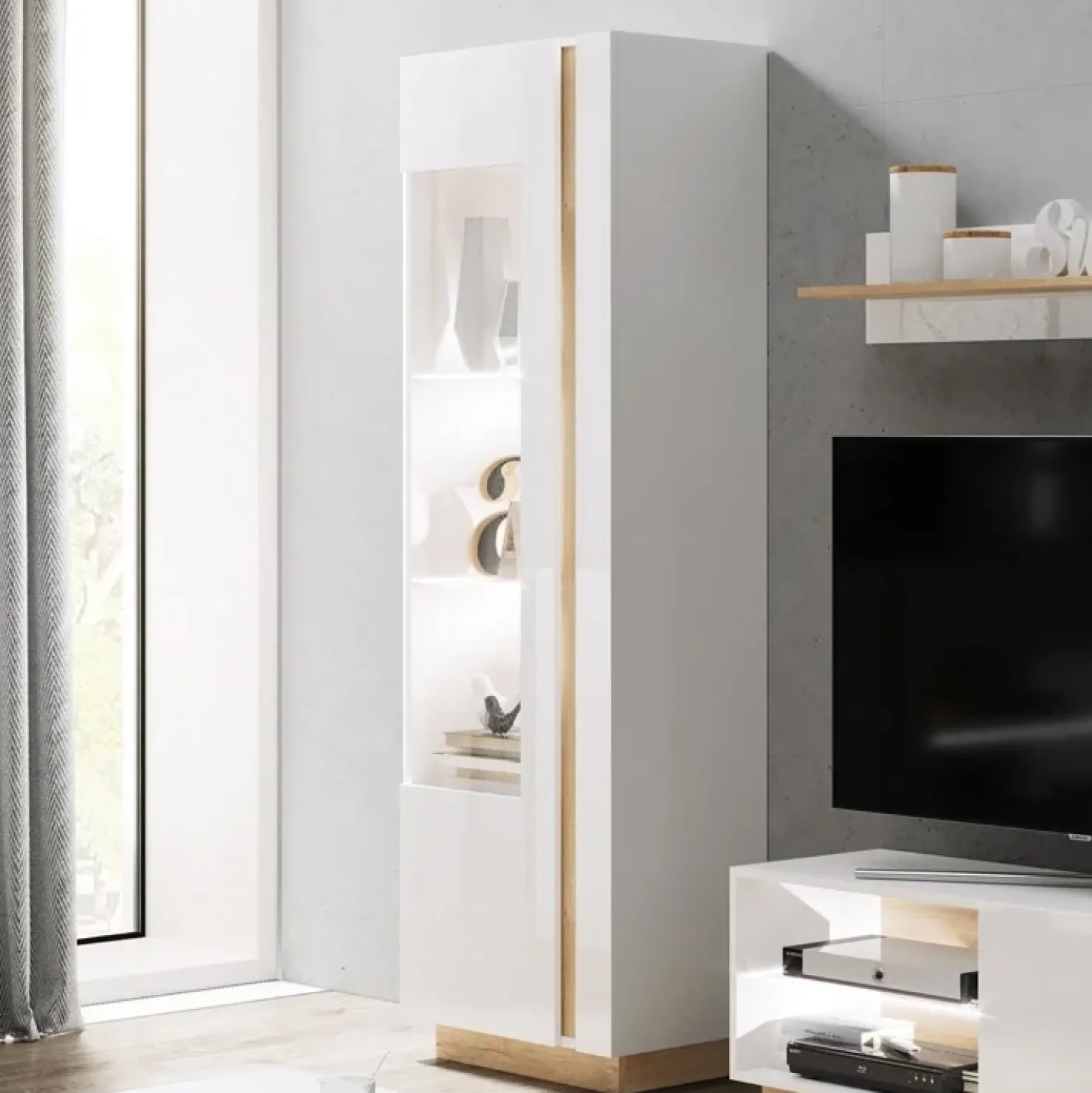 Garnero Arredamenti Vetrinetta 60x194h cm 1 anta soggiorno bianco rovere Noa Gihome® Bianco Lucido - Rovere Best