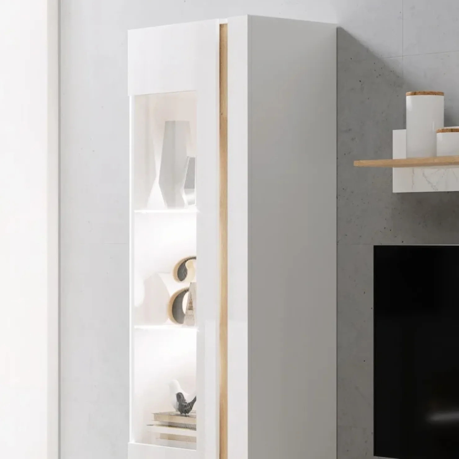 Garnero Arredamenti Vetrinetta 60x194h cm 1 anta soggiorno bianco rovere Noa Gihome® Bianco Lucido - Rovere Best