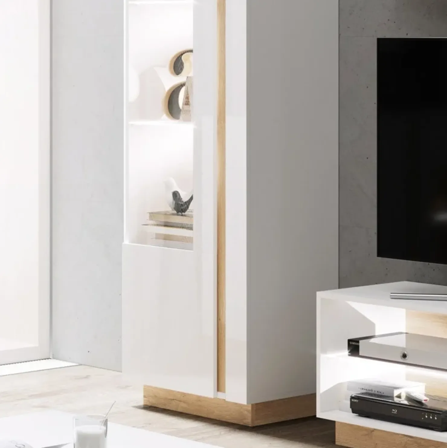 Garnero Arredamenti Vetrinetta 60x194h cm 1 anta soggiorno bianco rovere Noa Gihome® Bianco Lucido - Rovere Best