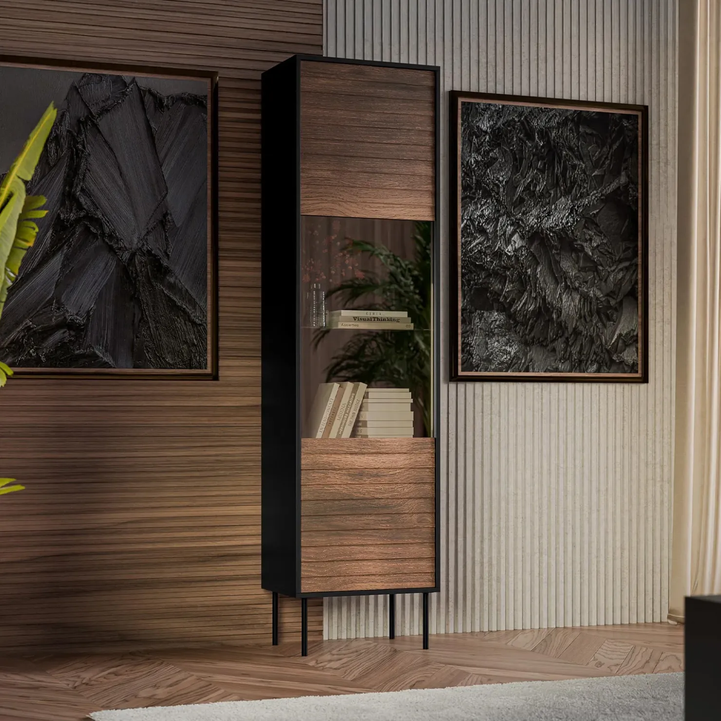 Garnero Arredamenti Vetrinetta 53x182h cm 1 anta soggiorno noce nero Wild Noce - Nero opaco