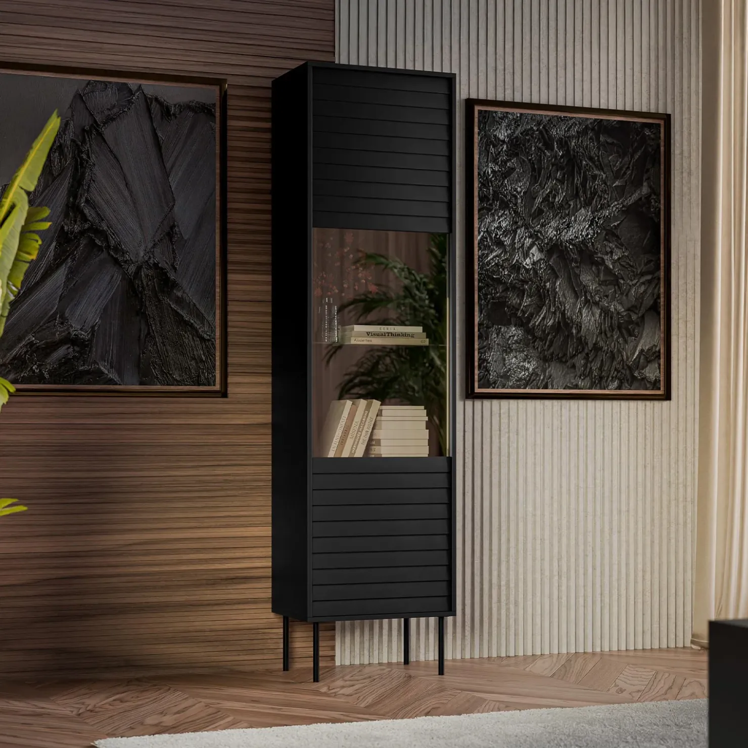 Garnero Arredamenti Vetrinetta 53x182h cm 1 anta soggiorno nero Wild Nero Opaco