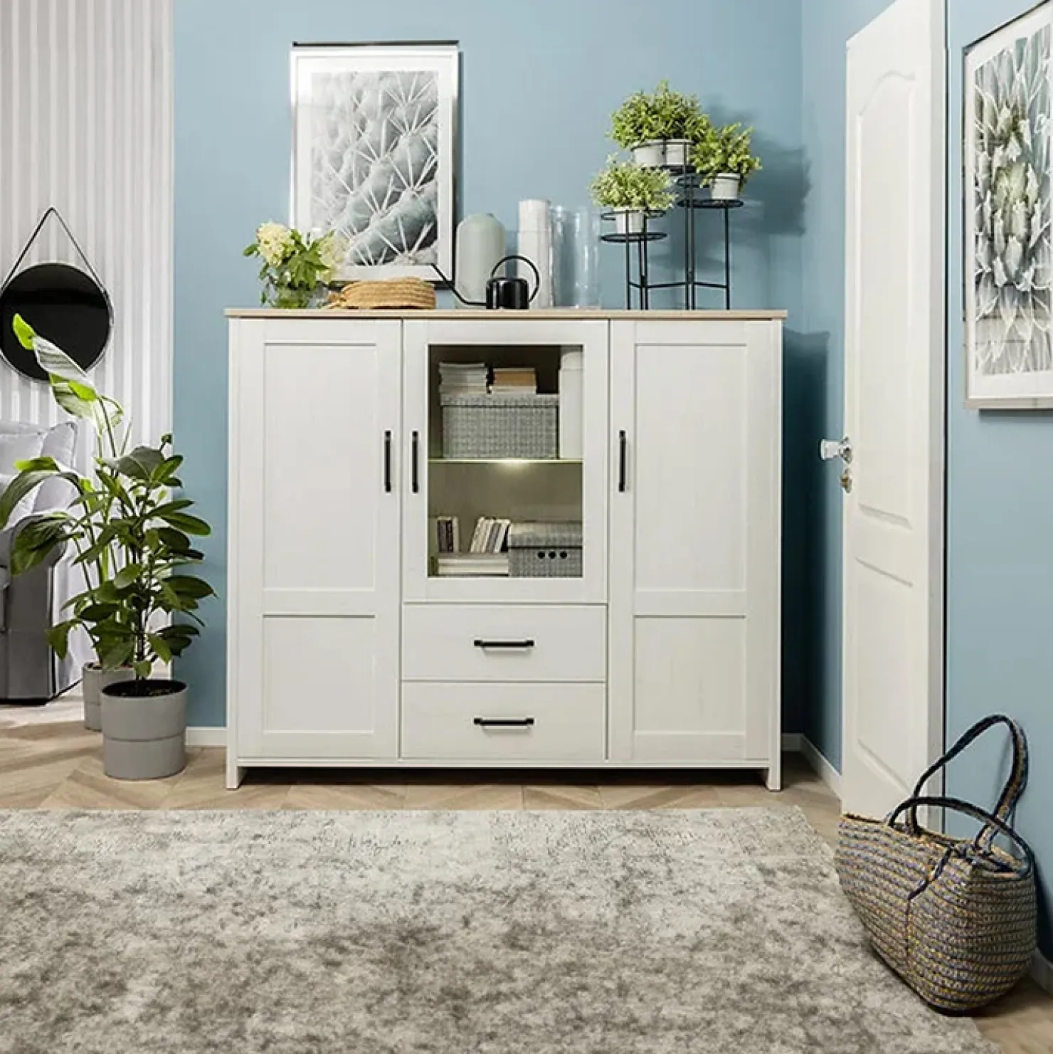 Garnero Arredamenti Vetrinetta 160x135h cm 3 ante 2 cassetti soggiorno bianco frassinato rovere Lars Sale