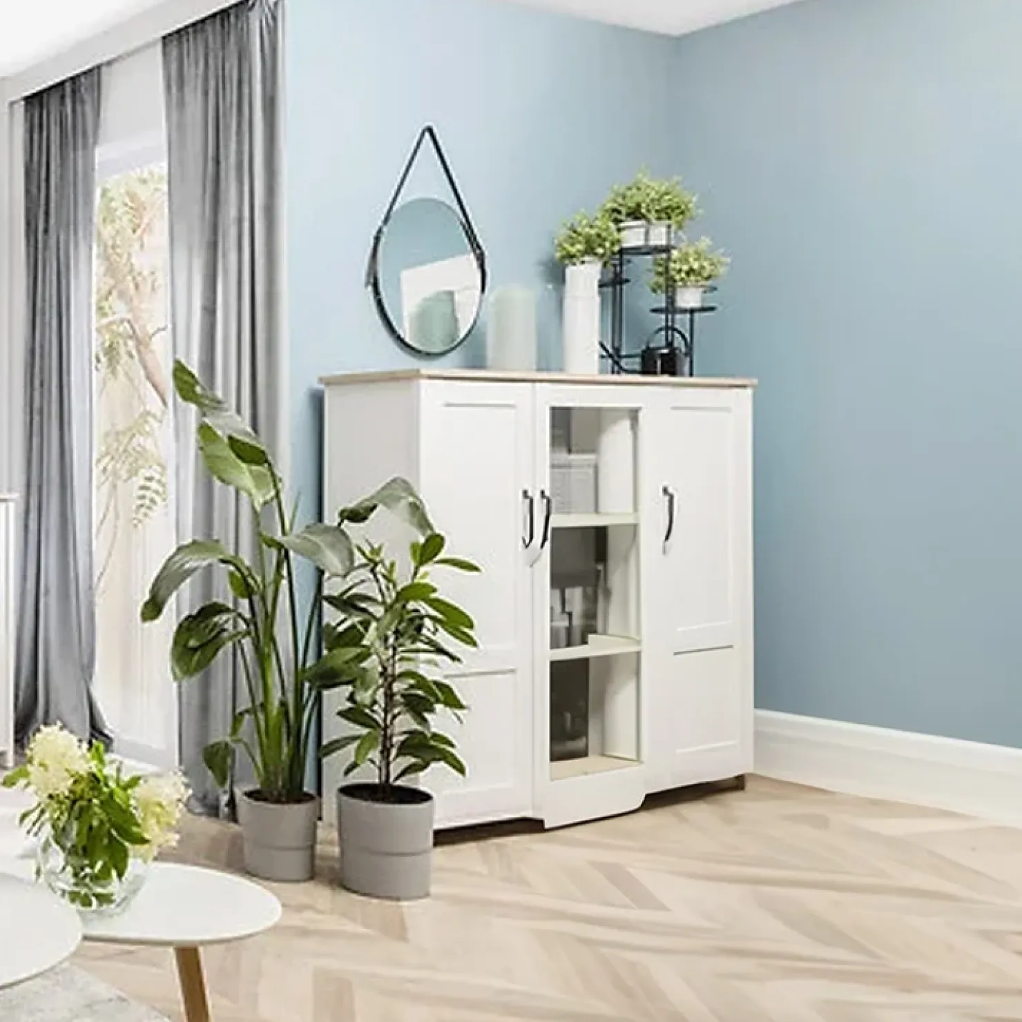 Garnero Arredamenti Vetrinetta 160x135h cm 3 ante 2 cassetti soggiorno bianco frassinato rovere Lars Sale