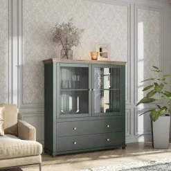 Garnero Arredamenti Vetrinetta 126x138h cm 2 ante 2 cassetti quercia Texel Verde Clearance