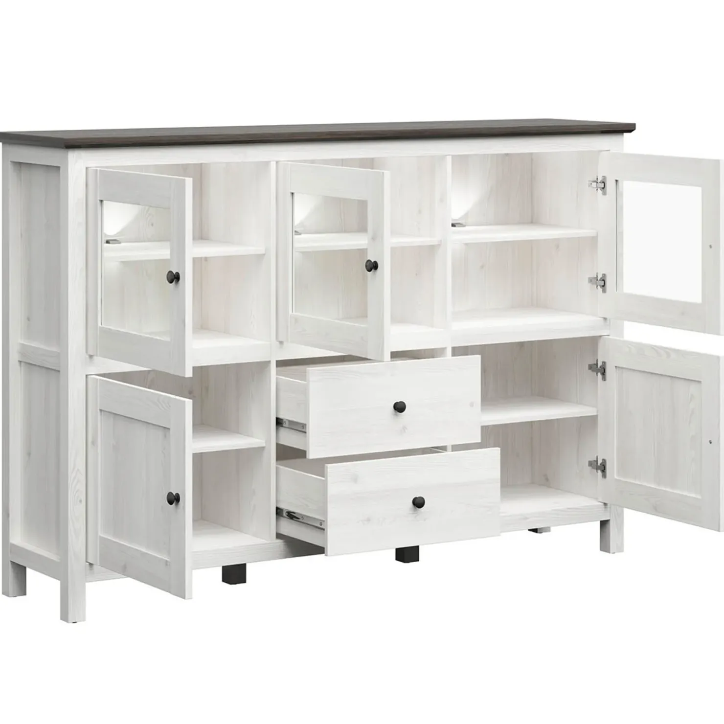 Garnero Arredamenti Vetrinetta 186x126h cm 5 ante 2 cassetti arte povera bianco frassinato frassinato grafite Holga Bianco Frassinato - Grafite New