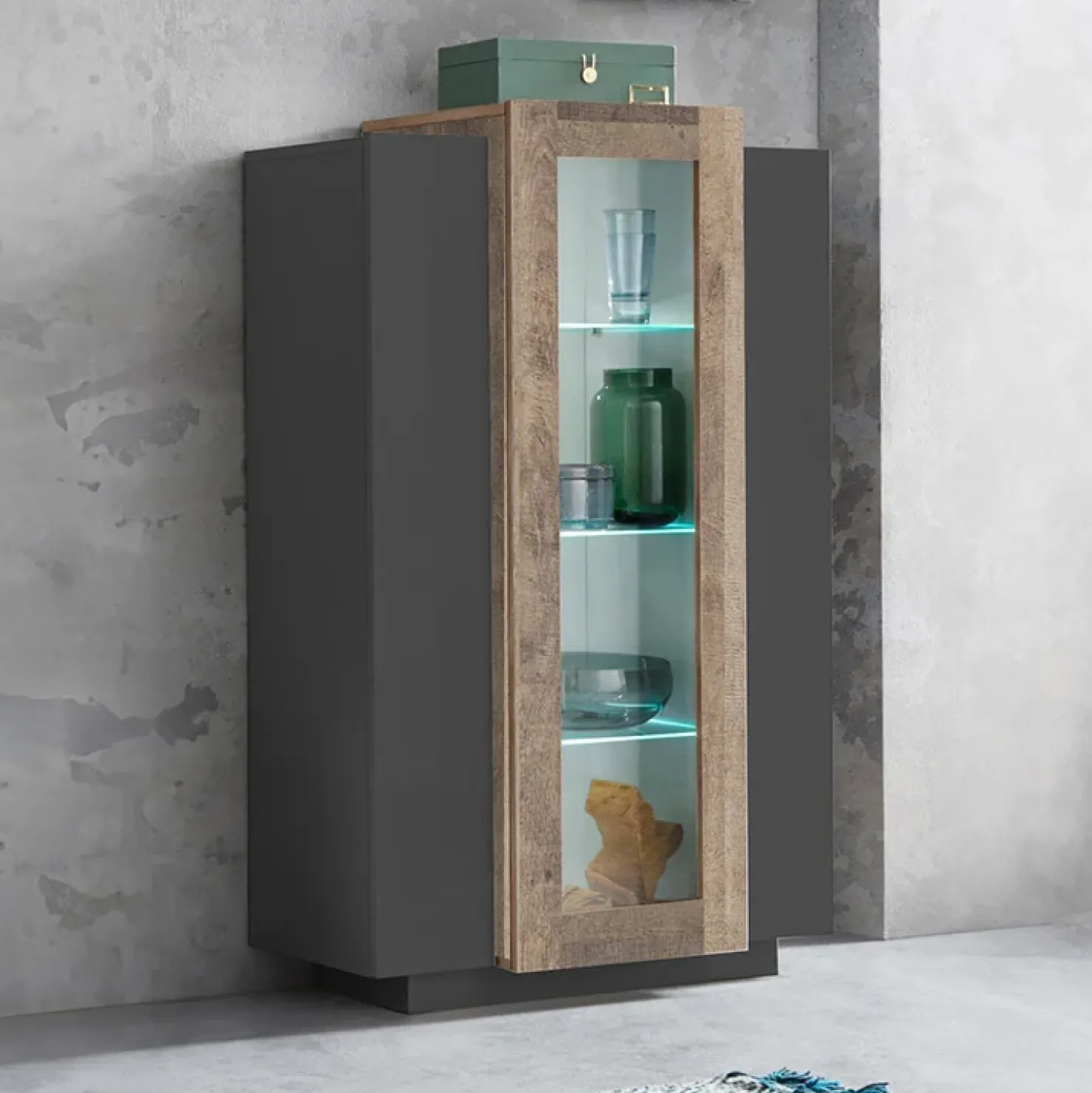 Garnero Arredamenti Vetrinetta 80x121h cm 2 ante antracite rovere Milos Gihome® Antracite - Rovere Rustico Clearance