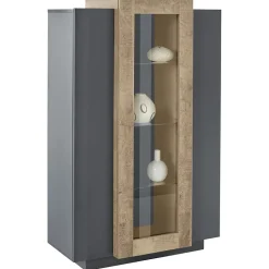 Garnero Arredamenti Vetrinetta 80x121h cm 2 ante antracite rovere Milos Gihome® Antracite - Rovere Rustico Clearance