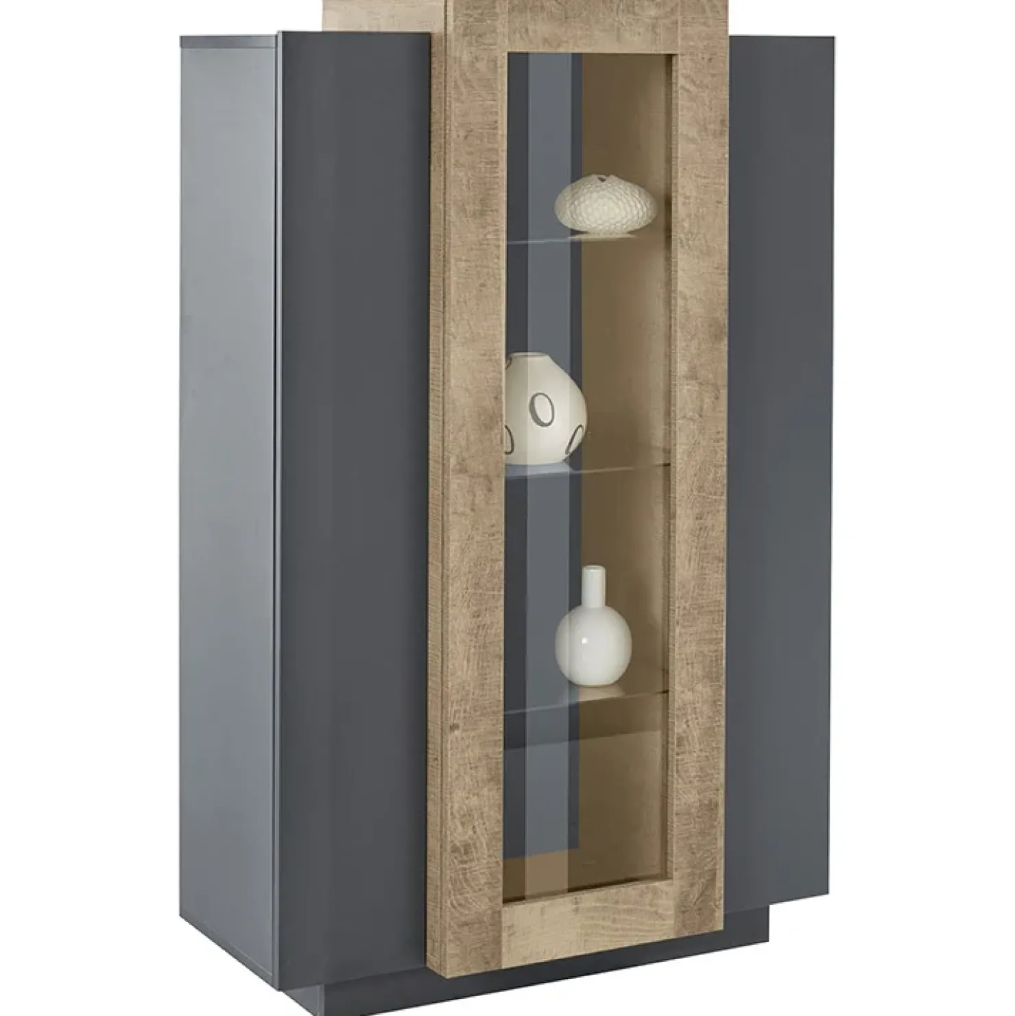 Garnero Arredamenti Vetrinetta 80x121h cm 2 ante antracite rovere Milos Gihome® Antracite - Rovere Rustico Clearance