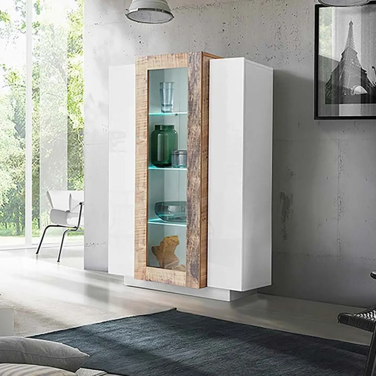 Garnero Arredamenti Vetrinetta 80x121h cm 2 ante bianco lucido rovere Milos Gihome® Bianco Lucido - Rovere Rustico