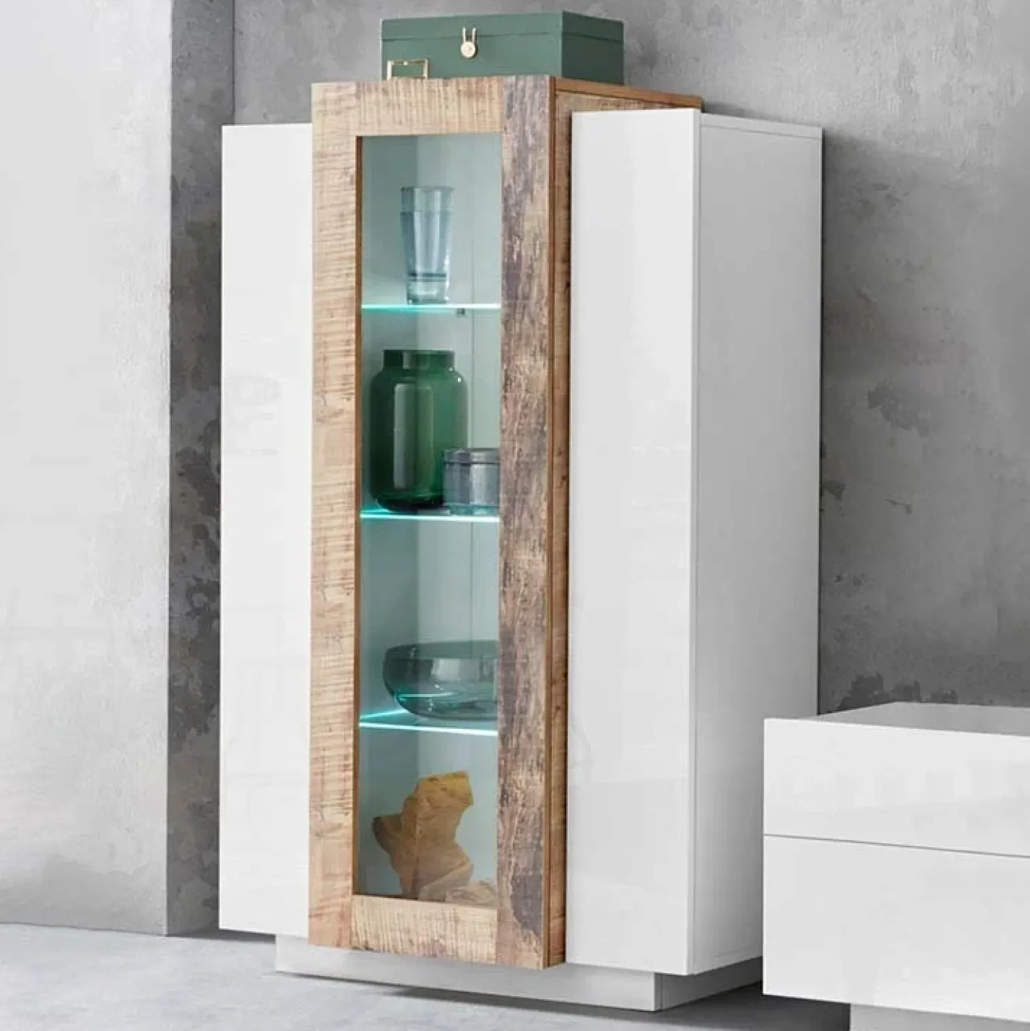 Garnero Arredamenti Vetrinetta 80x121h cm 2 ante bianco lucido rovere Milos Gihome® Bianco Lucido - Rovere Rustico