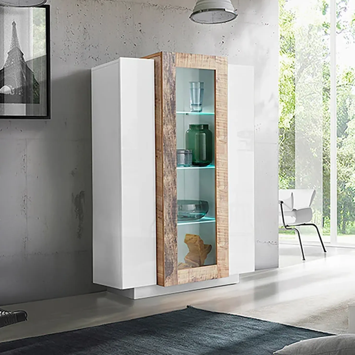 Garnero Arredamenti Vetrinetta 80x121h cm 2 ante bianco lucido rovere Milos Gihome® Bianco Lucido - Rovere Rustico