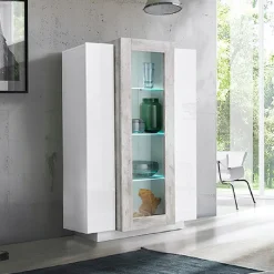 Garnero Arredamenti Vetrinetta 80x121h cm 2 ante bianco lucido cemento Milos Gihome® Cemento - Bianco Lucido Clearance