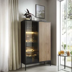 Garnero Arredamenti Vetrinetta 104x166h cm 2 ante moderna nero rovere antico cannettato Bali Best